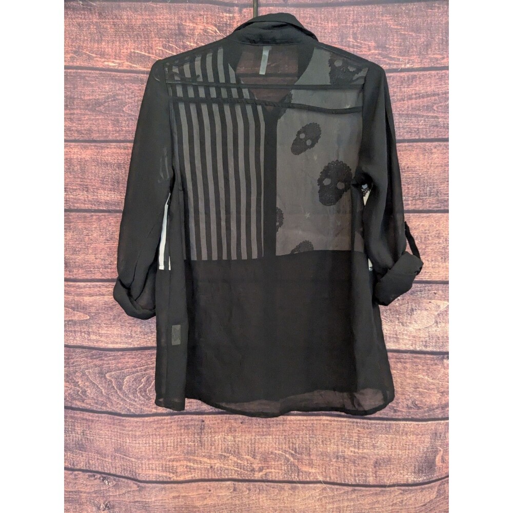 Live‎ 4 Truth Black White Sheer Blouse Skulls Stripes Square Buttons Size M - Picture 3 of 8